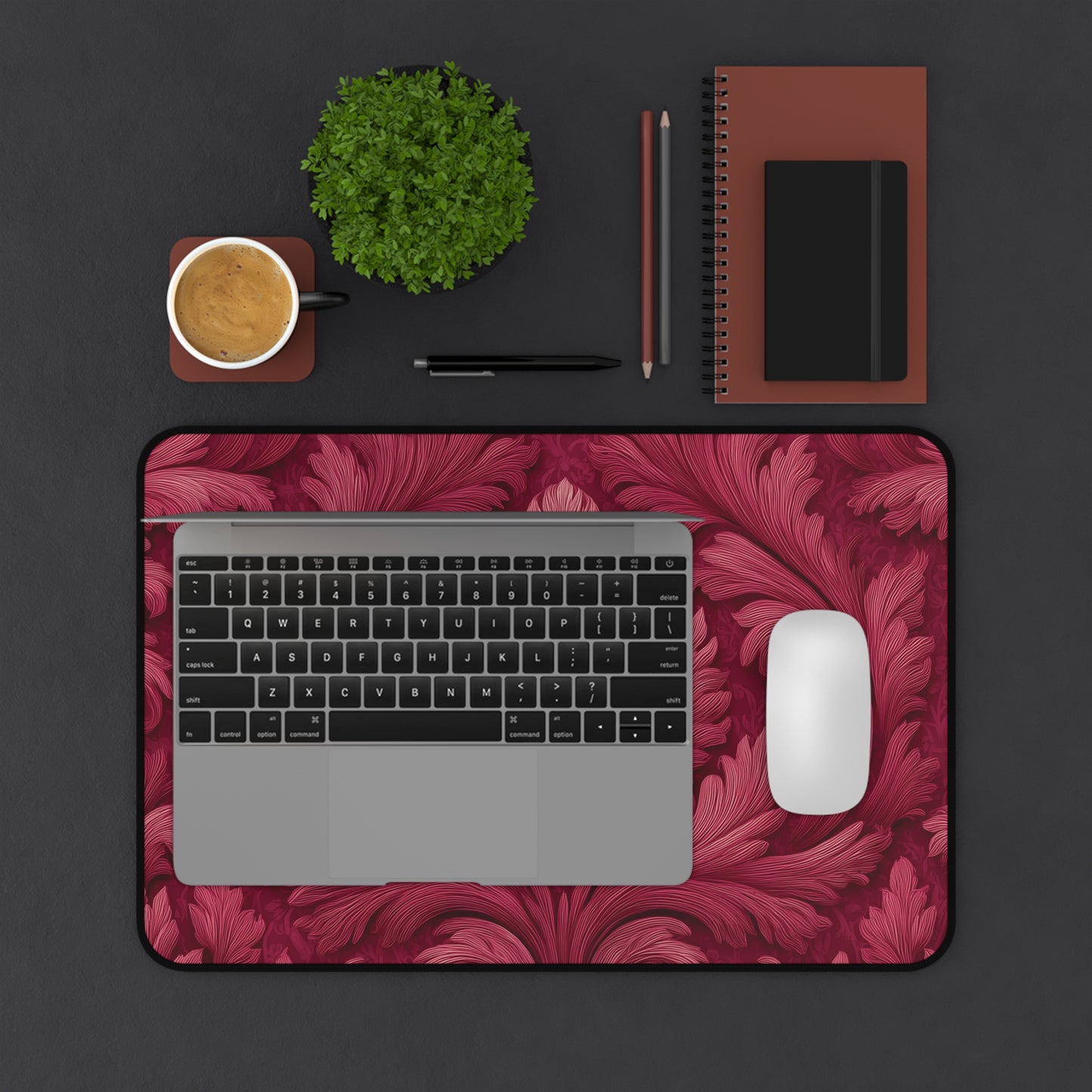 Ruby Red Desk Mat: Velvet-Look Damask Acanthus Design