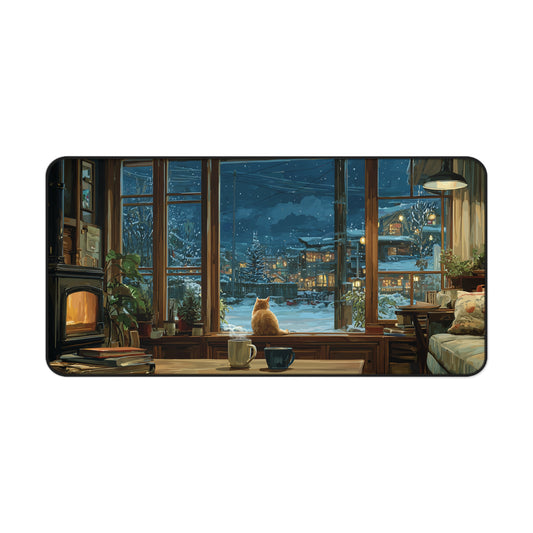 Cozy Winter Cat Desk Pad Anime Style, Christmas Office Decor