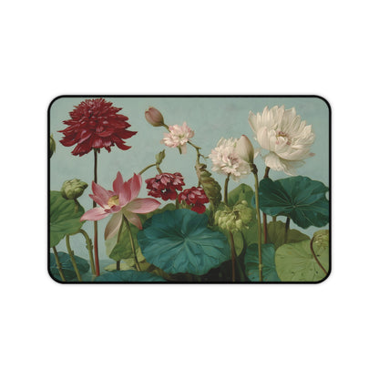 Lotus & Dahlia Desk Mat: Vintage Botanical Painting Mouse Pad XL