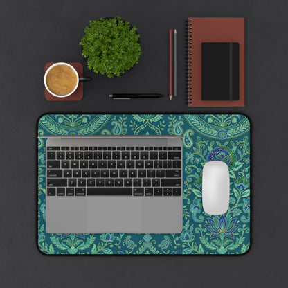 Teal Paisley Desk Mat: Boho Floral Design
