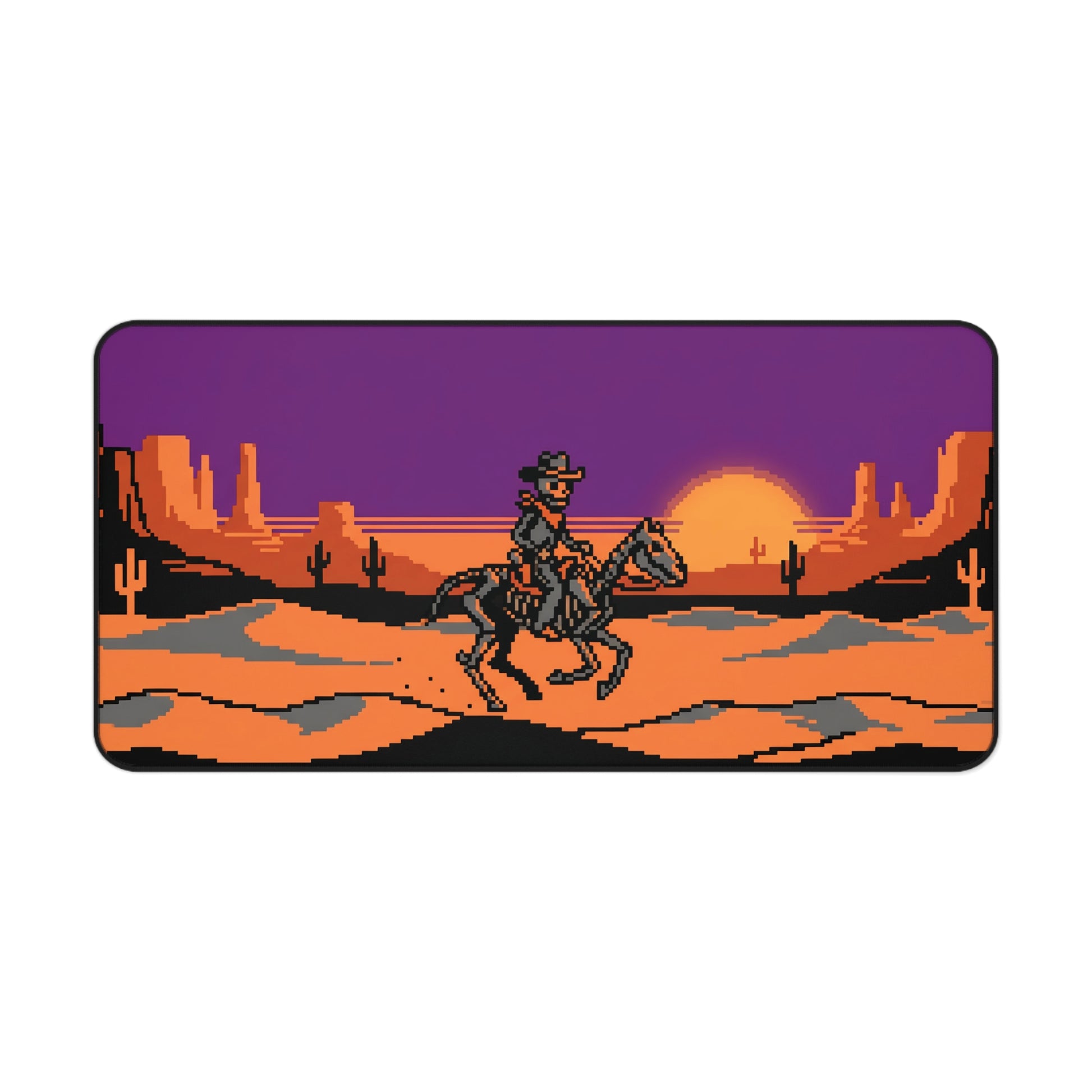 Pixel art cowboy desk mat with purple border, western desert sunset scene