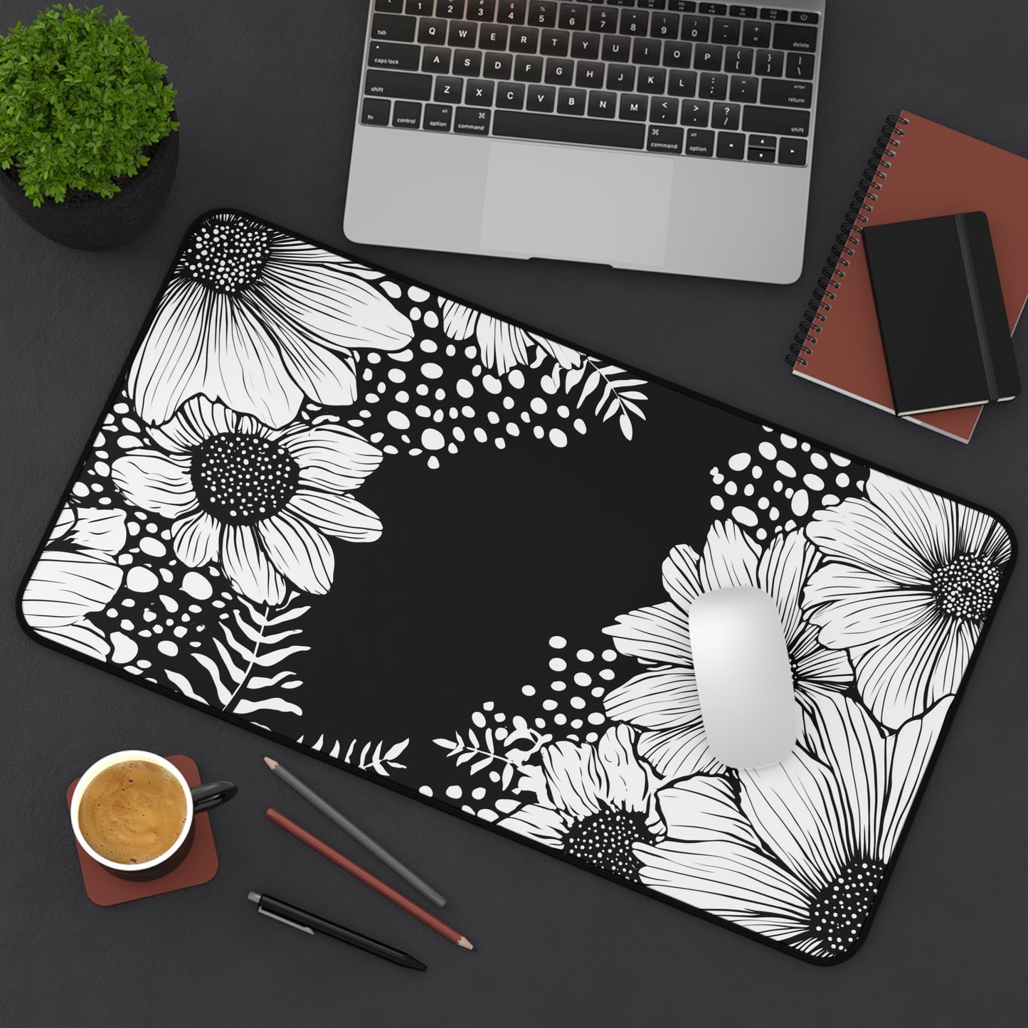 White Daisy Desk Mat: Bold Black & White Floral Mouse Pad