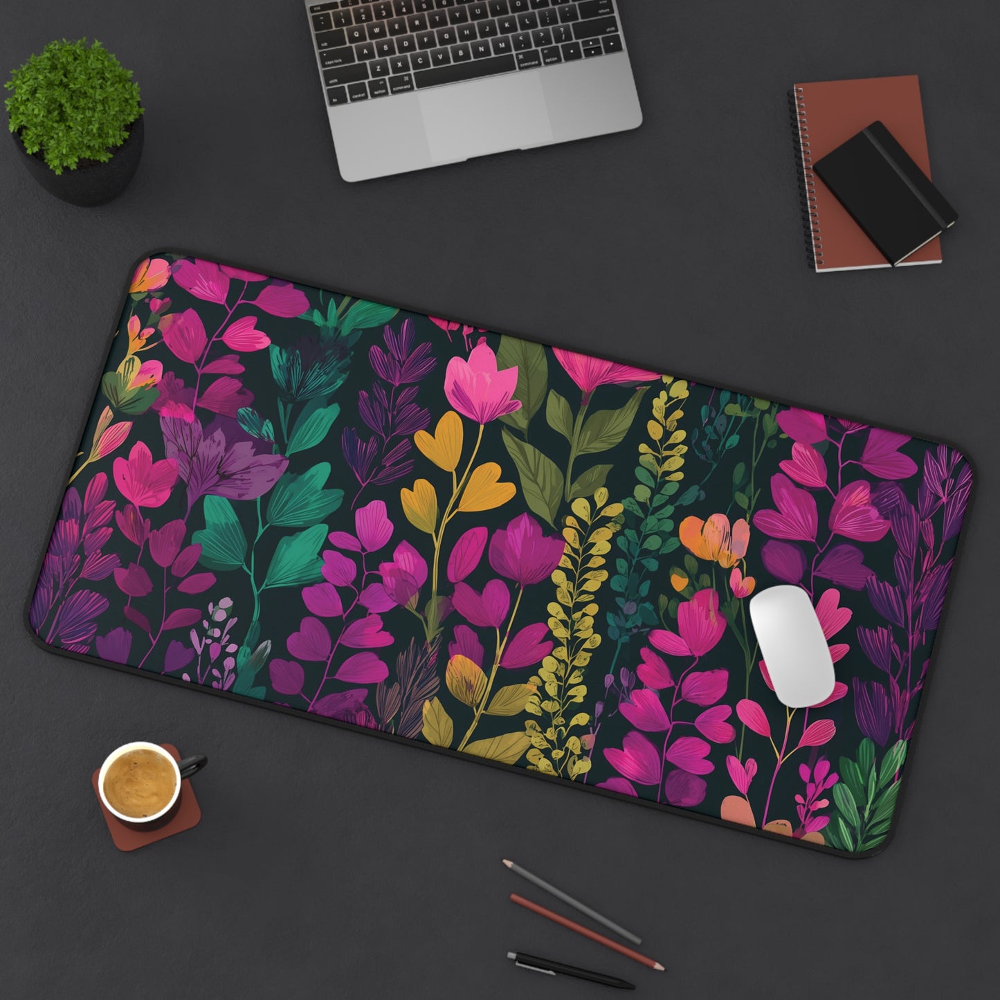 Floral Desk Mat Pink Green & Purple, Colorful Flowers Desk Pad