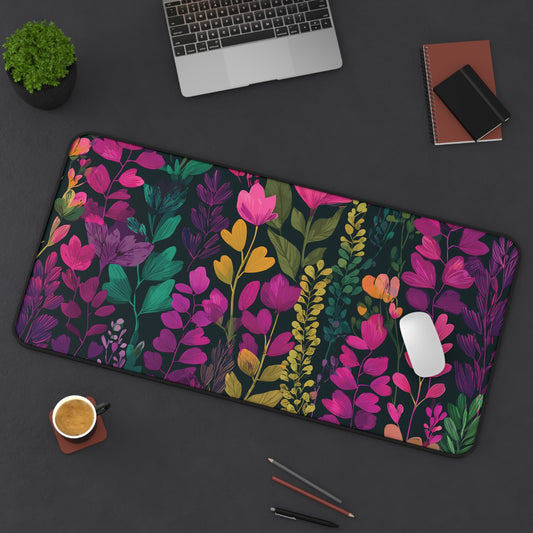Floral Desk Mat Pink Green & Purple, Colorful Flowers Desk Pad