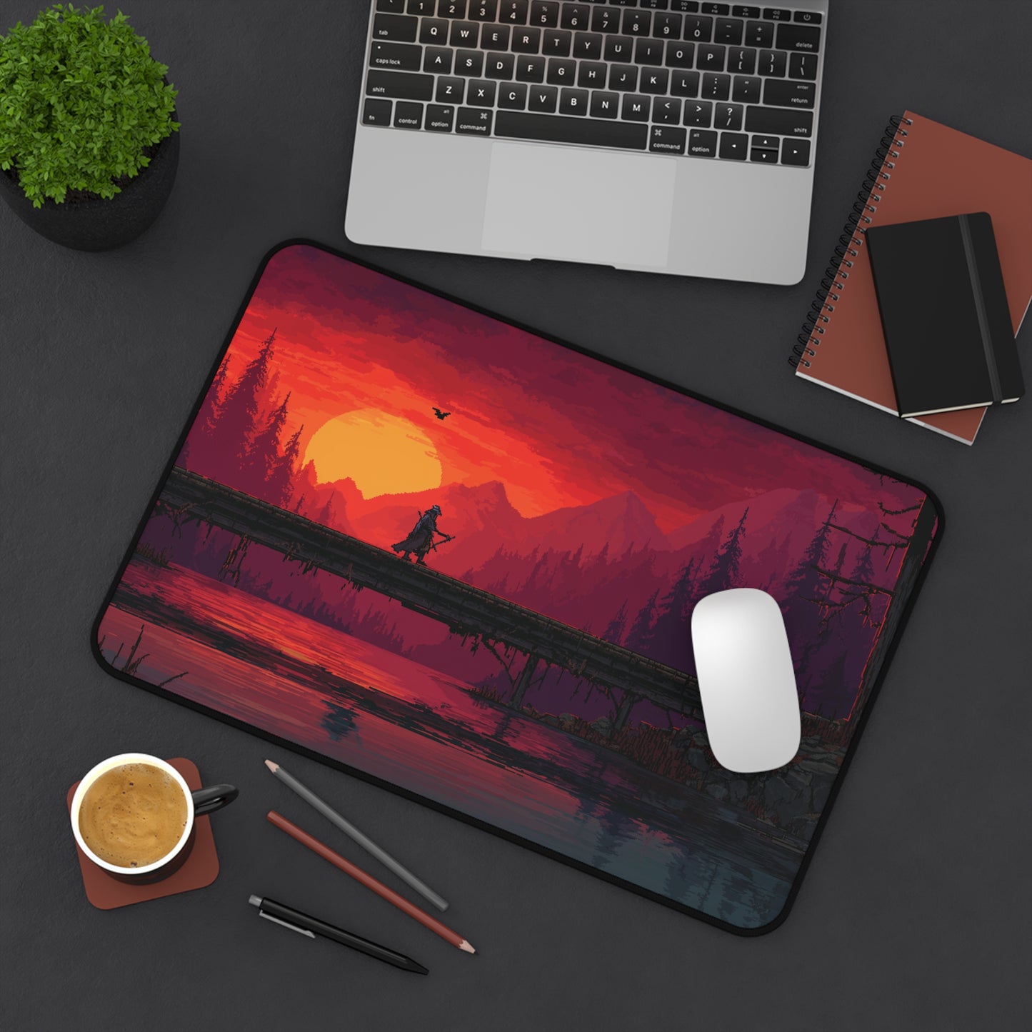 Samurai at Sunset: Pixel Art Desk Mat & Mouse Pad