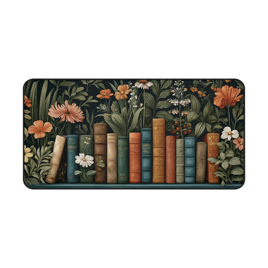 Bookshelf Desk Mat: Dark Academia Botanical Library Design