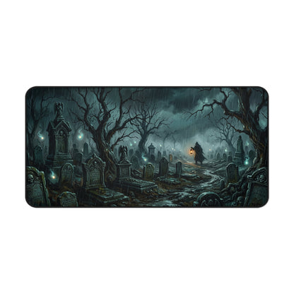 Gothic cemetery desk mat with tombstones, trees, and teal glow night scene
