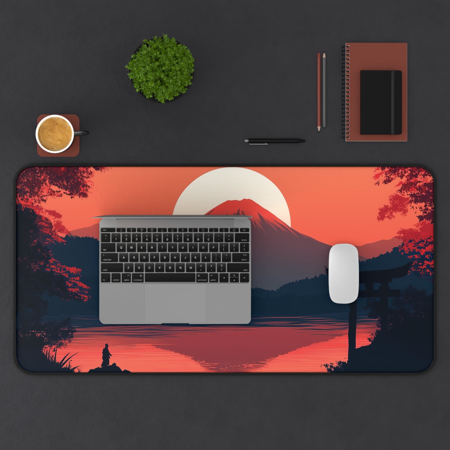 Japanese Landscape Desk Mat, Mountain and Samurai Gaming Desk Pad