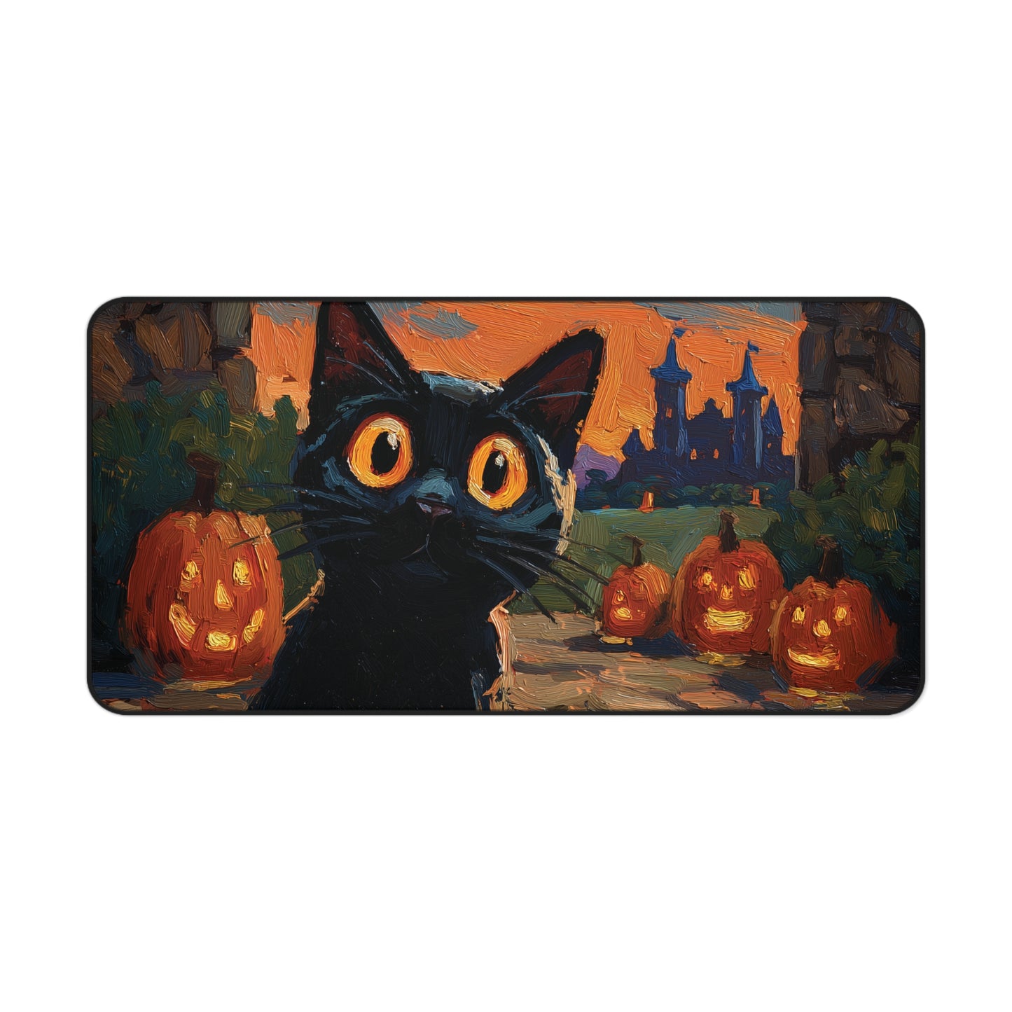 A rectangular mat with rounded corners featuring a painted Halloween scene: a large black cat with glowing yellow eyes in the foreground, several carved pumpkins, and a castle silhouette against an orange sky in the background.