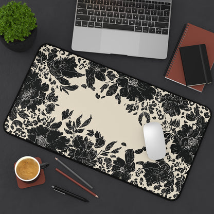 Vintage Black Floral Desk Mat: Cream & Ink Botanical Computer Pad