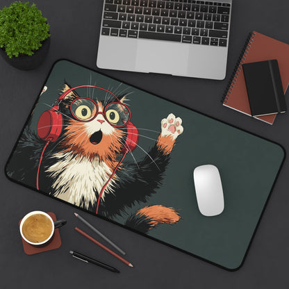 Cat with Headphones Desk Mat: Funny Calico Cat Mouse Pad