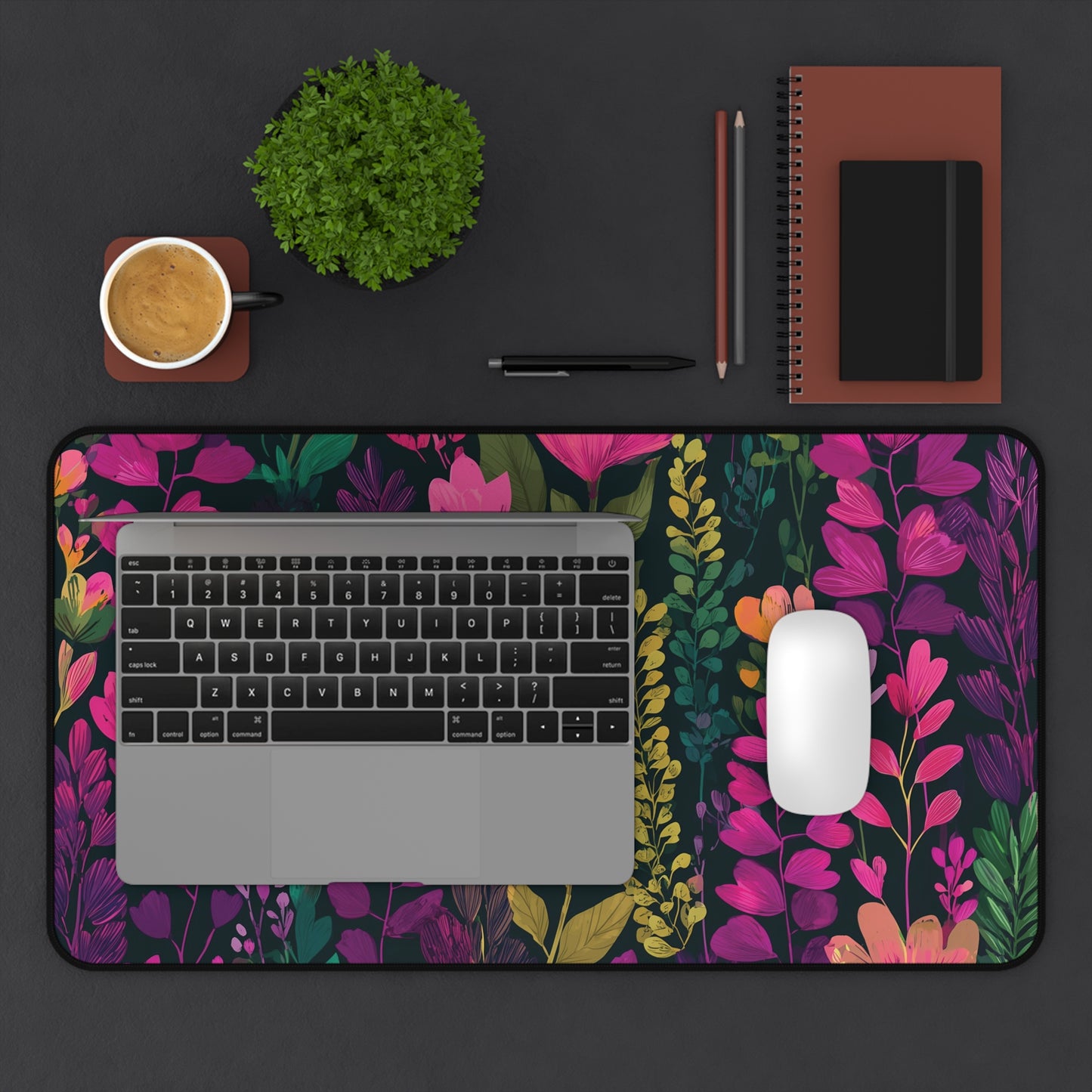 Floral Desk Mat Pink Green & Purple, Colorful Flowers Desk Pad