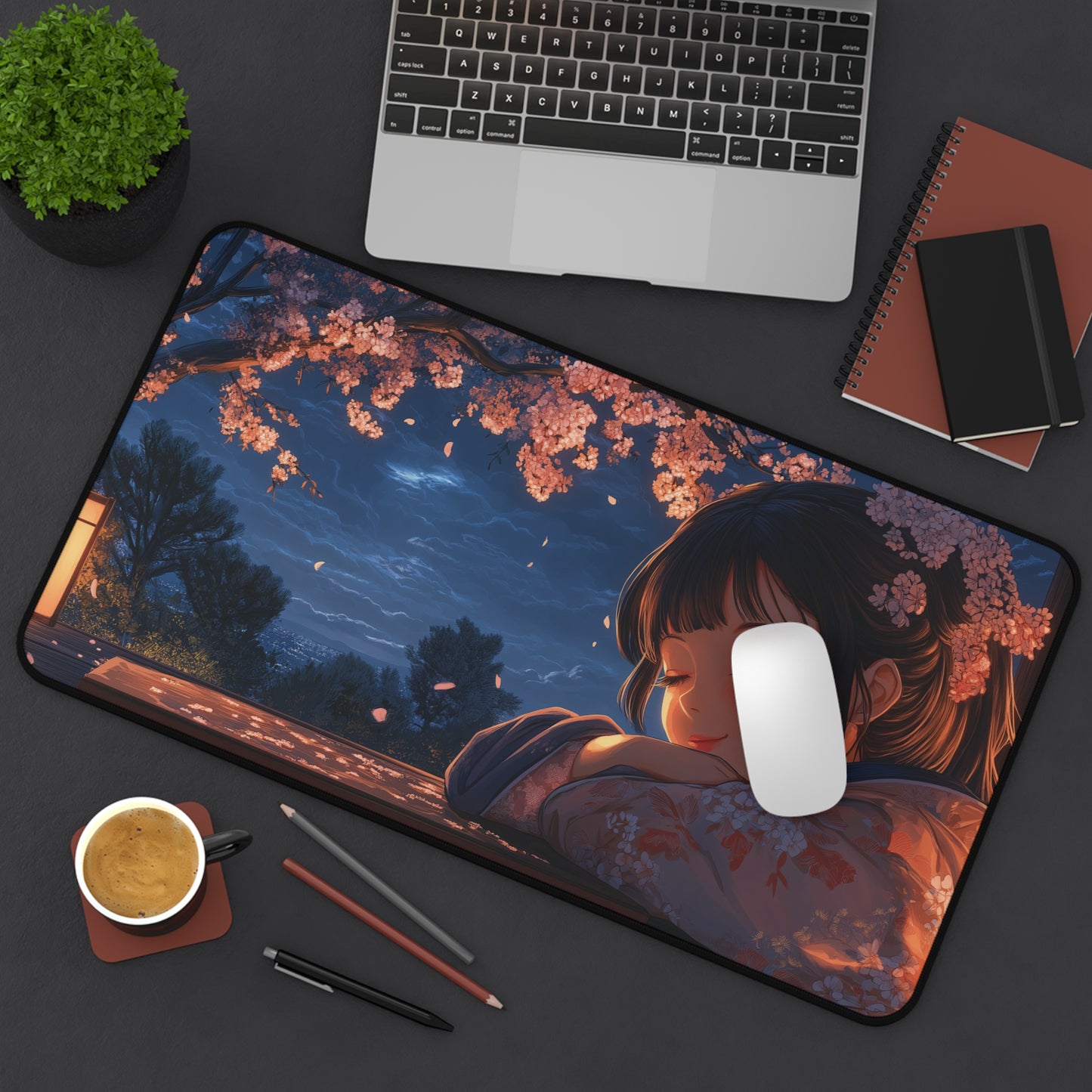 Japanese Girl Desk Mat Anime Style, Cherry Blossom Gaming Mousepad