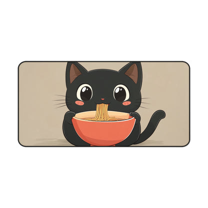Cute Black Cat Desk Mat, Kawaii Mouse Pad for Cat Lovers, Black Cat Eating Ramen Desk Pad