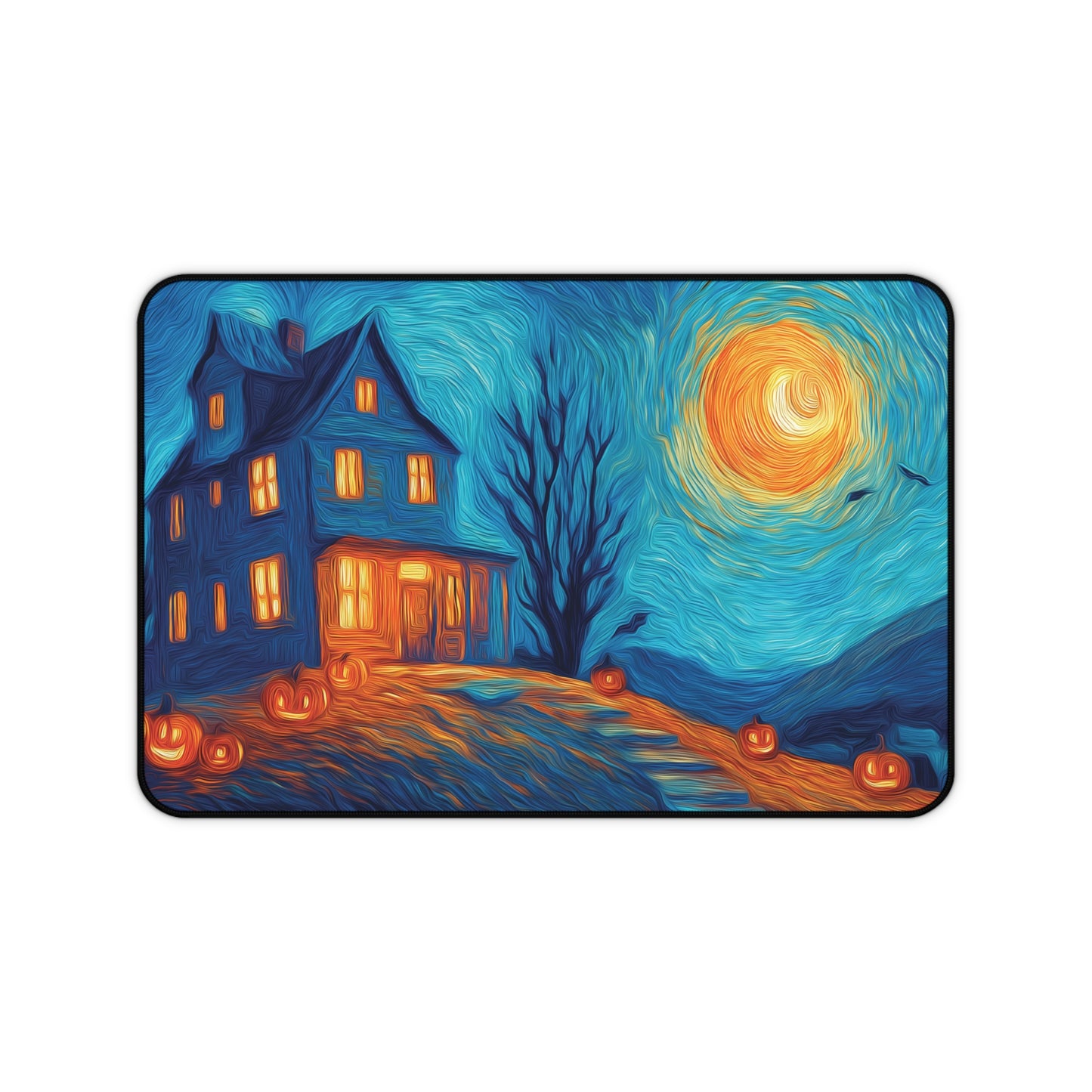 A rectangular desk mat with rounded corners featuring a stylized, Van Gogh-inspired Halloween scene. The artwork depicts a dark haunted house with glowing orange windows, scattered jack-o'-lanterns, a bare tree, and a swirling blue night sky with a bright yellow moon.