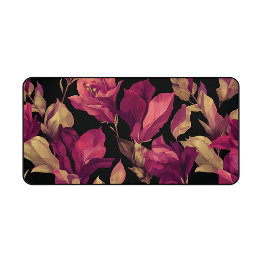 Magenta Lily Desk Mat: Burgundy & Gold Botanical on Black
