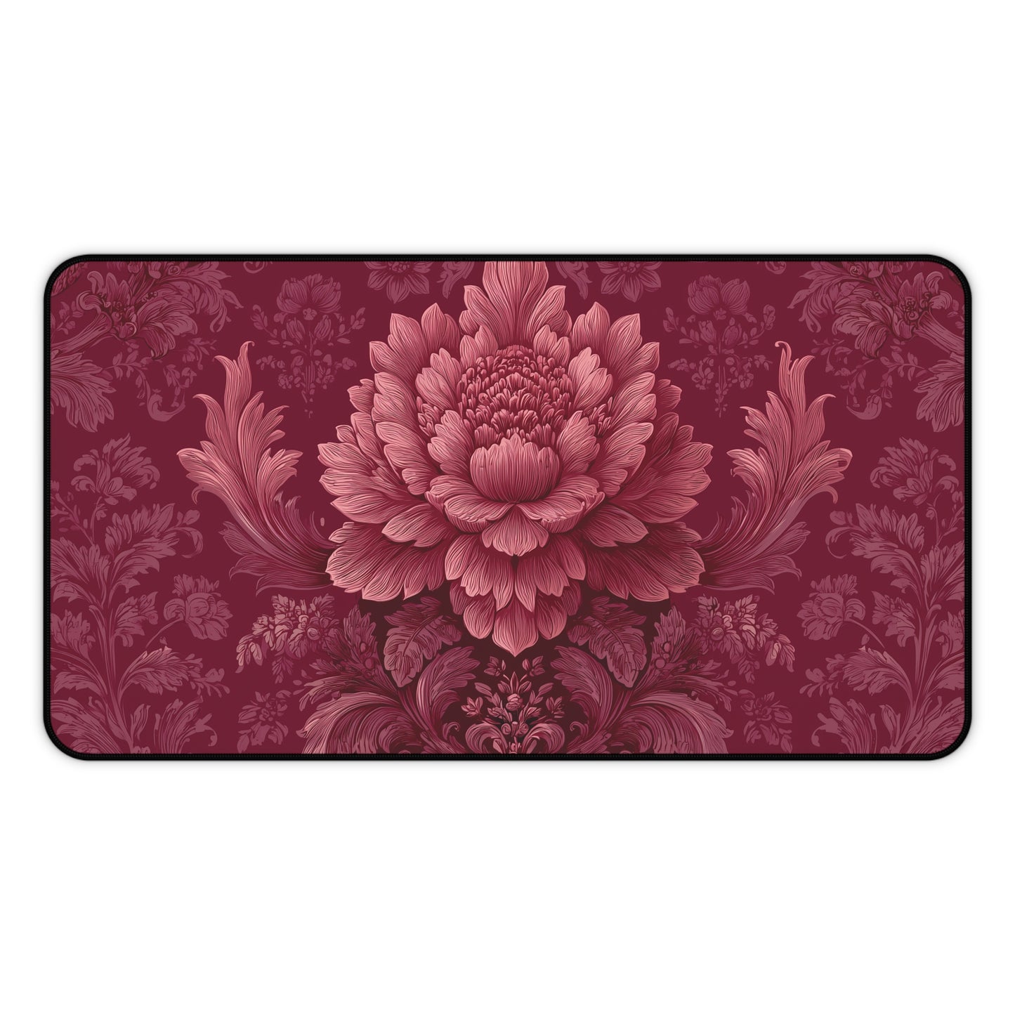 Burgundy Peony Desk Mat: Baroque Damask Floral Design