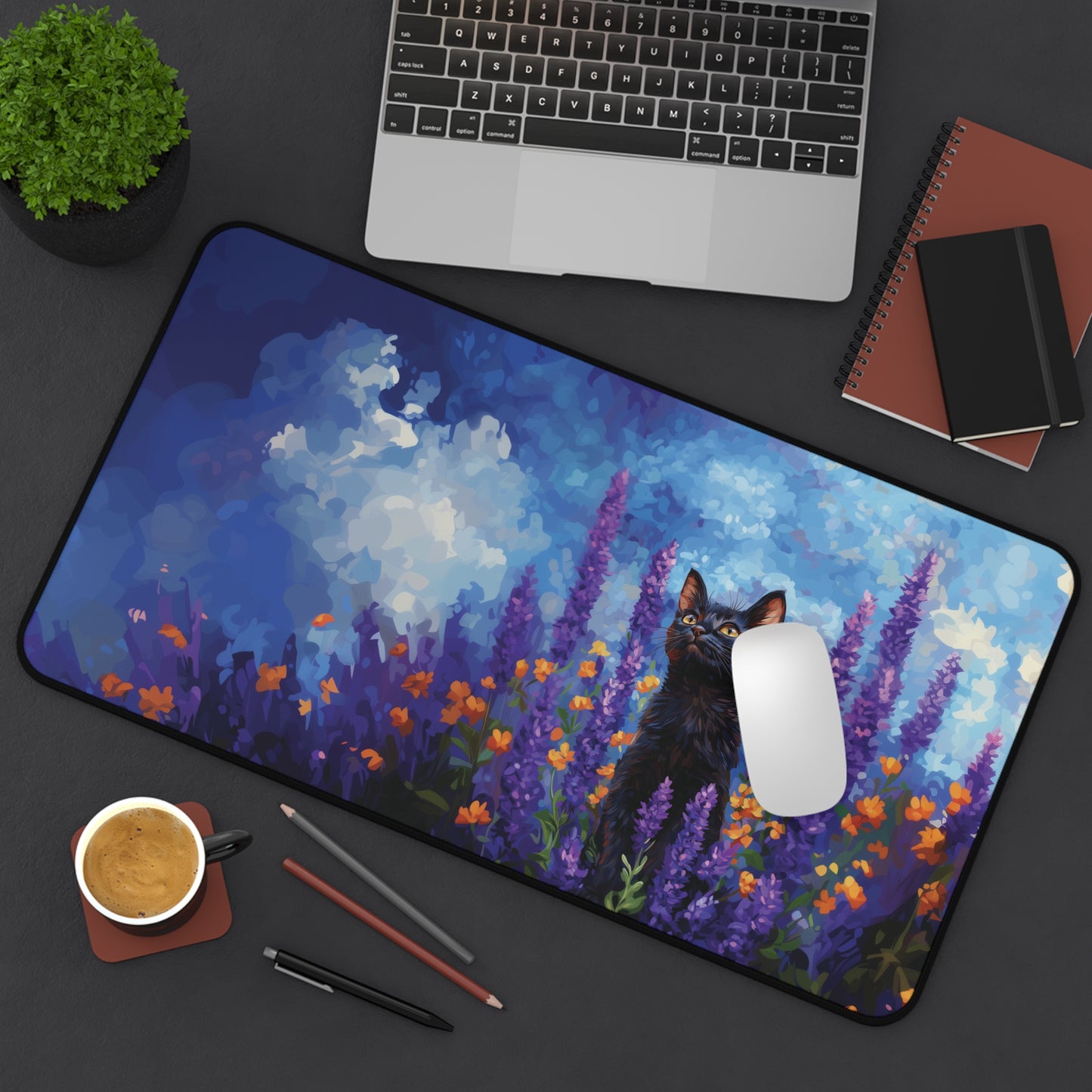 Cat Lavander Desk Mat, Flowers Aesthetic Mouse Pad, Keyboard Mat for Cat Lovers