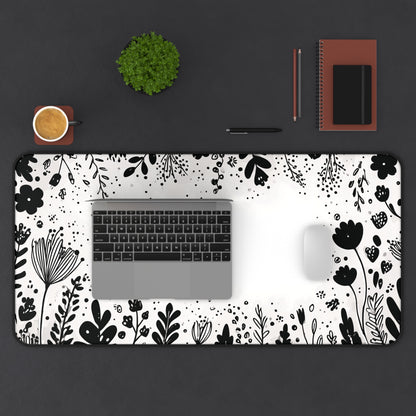 White Desk Mat: Minimalist Black Flowers Desk Pad