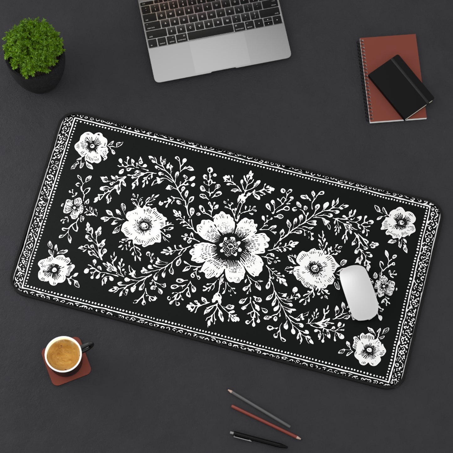 Black Floral Desk Mat: Botanical Folk Art Design