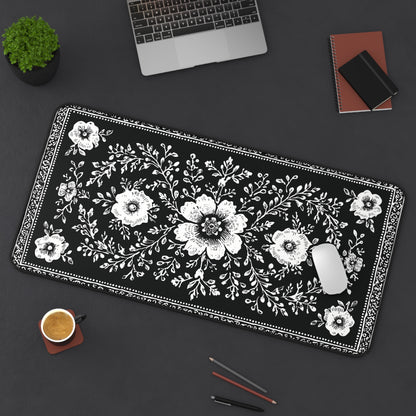 Black Floral Desk Mat: Botanical Folk Art Design