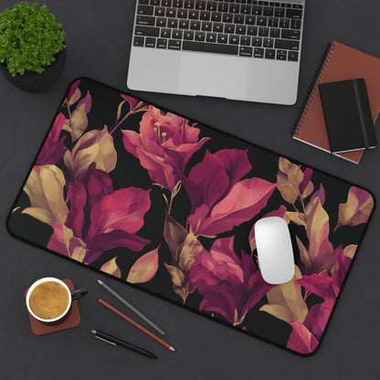 Magenta Lily Desk Mat: Burgundy & Gold Botanical on Black