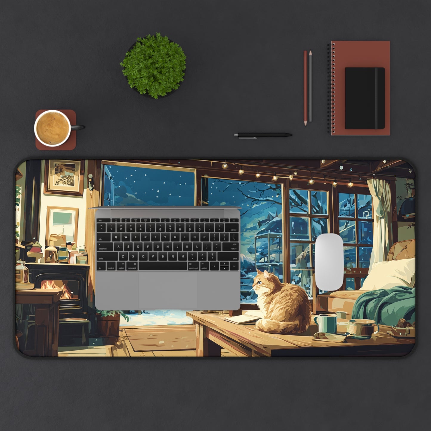 Winter Cat Desk Mat, Snowy Mouse Pad for Cat Lovers