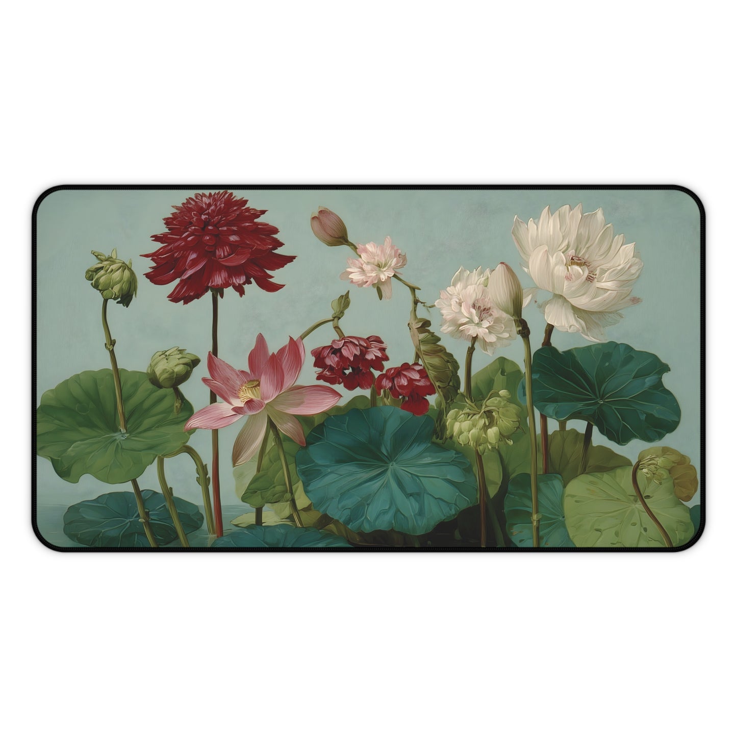 Lotus & Dahlia Desk Mat: Vintage Botanical Painting Mouse Pad XL