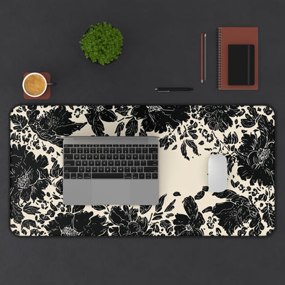 Vintage Black Floral Desk Mat: Cream & Ink Botanical Computer Pad