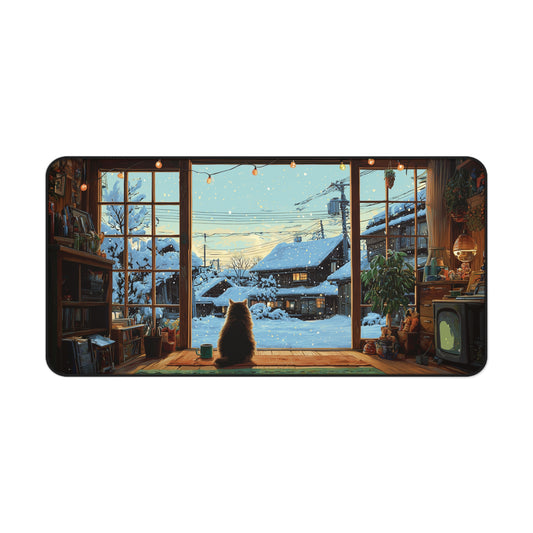Cozy Winter Cat Desk Mat, Christmas Office Decor for Cat Lovers