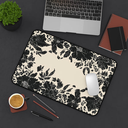 Vintage Black Floral Desk Mat: Cream & Ink Botanical Computer Pad