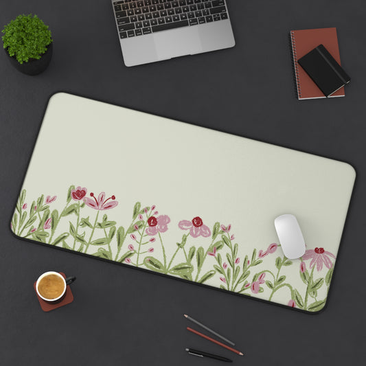 Pink Flower Desk Mat: Wildflower Meadow on Sage Green