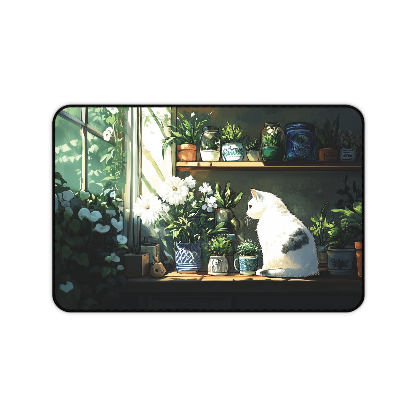 White Cat Desk Mat, Lofi Gaming Mouse Pad XL for Cat Lover