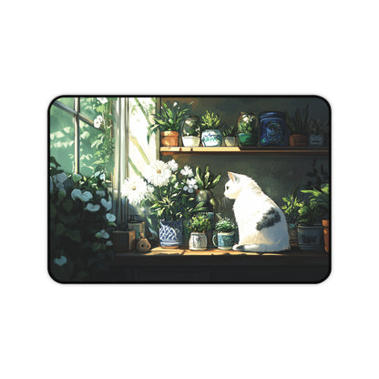White Cat Desk Mat, Lofi Gaming Mouse Pad XL for Cat Lover