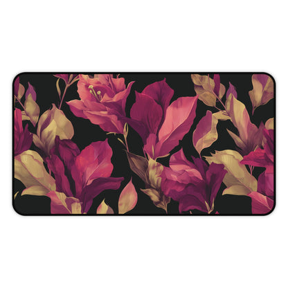Magenta Lily Desk Mat: Burgundy & Gold Botanical on Black