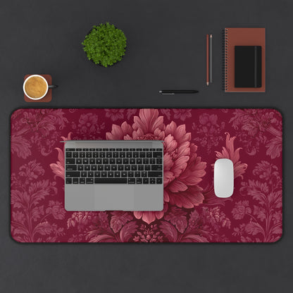 Burgundy Peony Desk Mat: Baroque Damask Floral Design