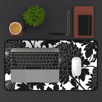 Japanese Chrysanthemum Desk Mat: Elegant Black & White Floral Mouse Pad