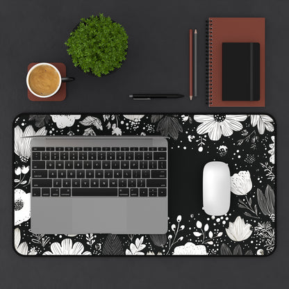 Night Garden Desk Mat: Whimsical White Flowers on Black