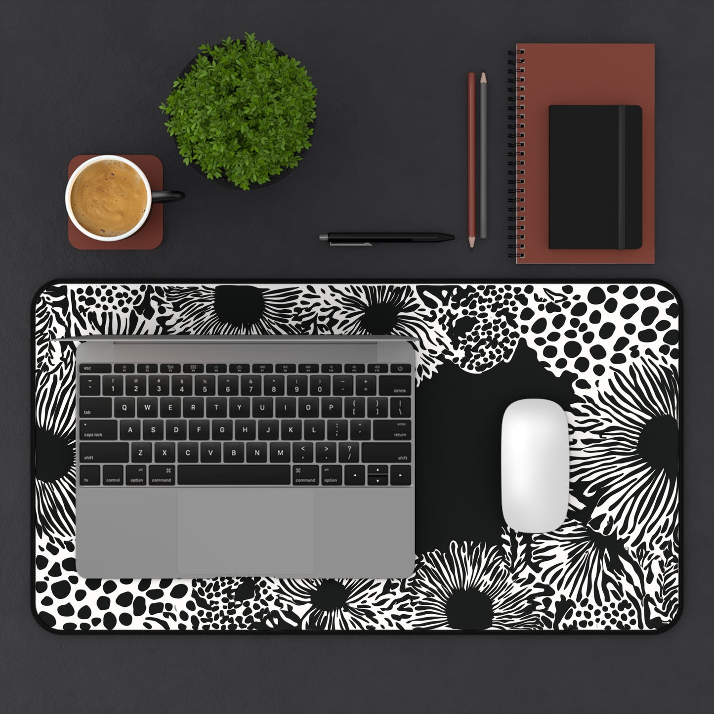 Abstract Flower Desk Mat: Modern Black & White Design