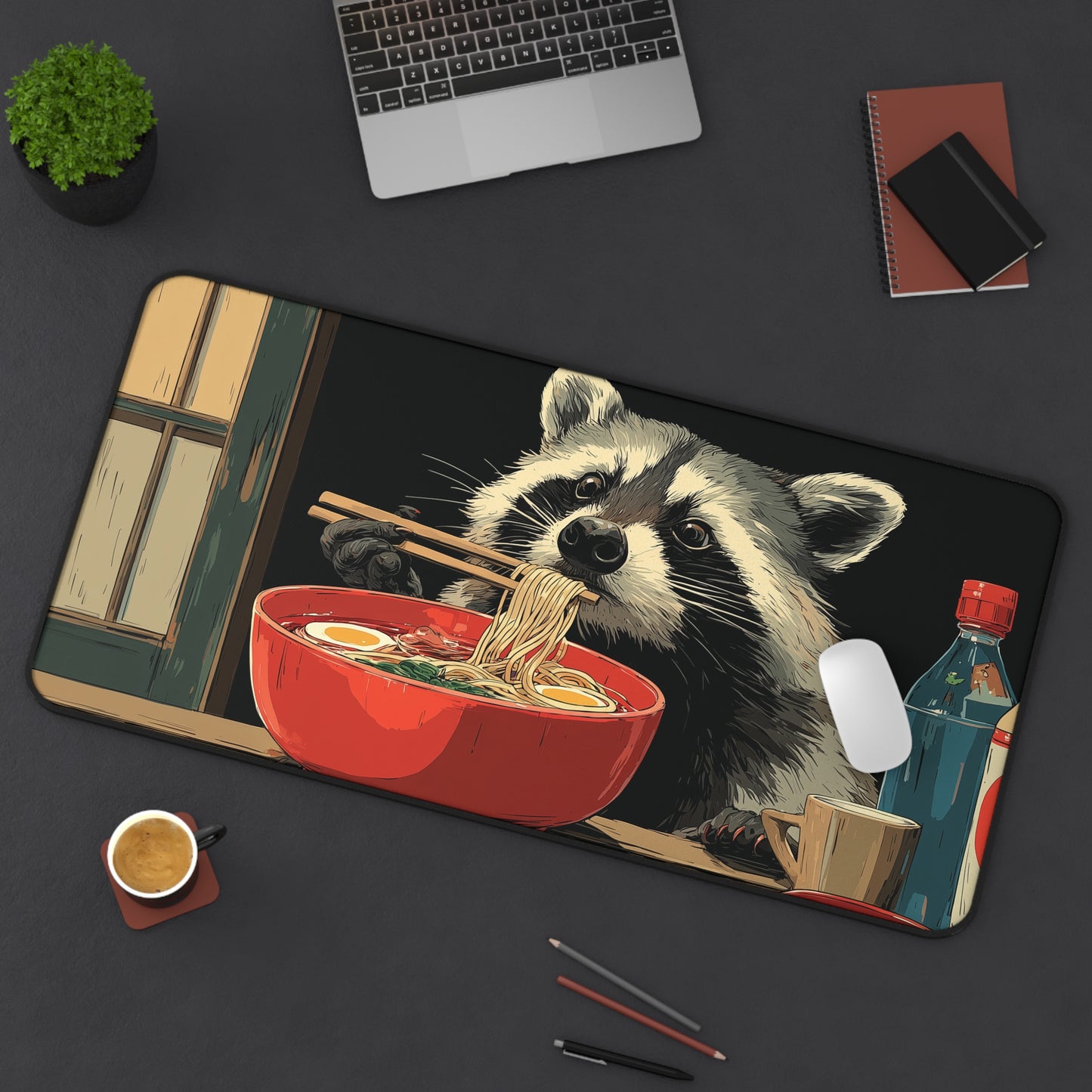 Raccoon Ramen Desk Mat, Cute Anime Noodle Mouse Pad