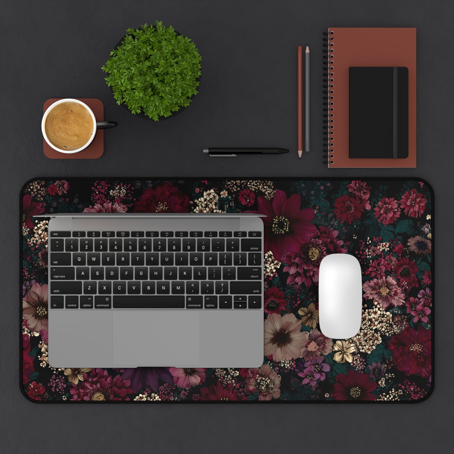 Dark Floral Desk Mat: Moody Burgundy & Plum Flower Print