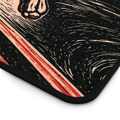 Close-up of desk mat corner with black and red illustrated artwork and black stitched edge