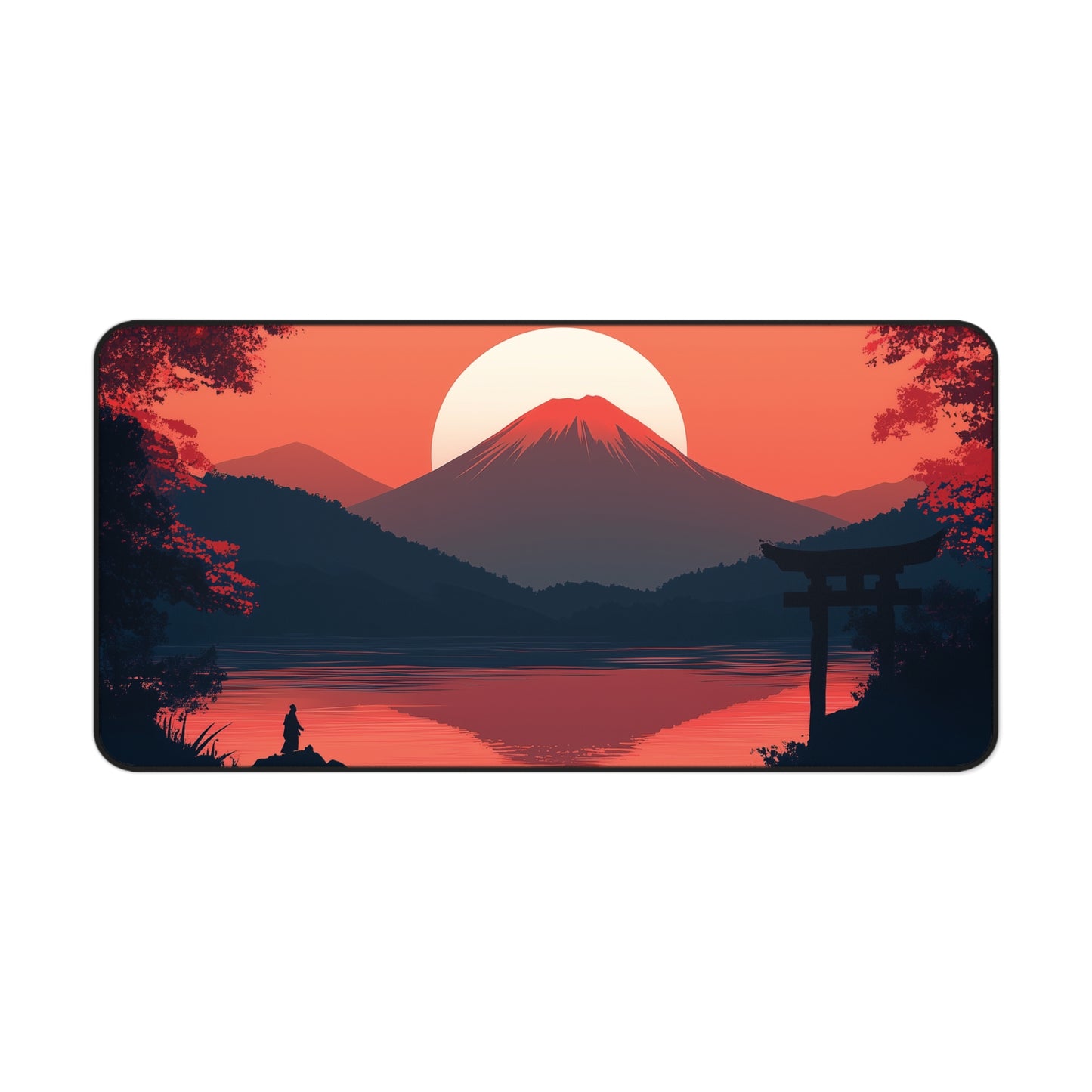 Japanese Landscape Desk Mat, Mountain and Samurai Gaming Desk Pad