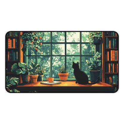 Books Plants and Cat Desk Mat, Cozy Large MousePad for Gaming or Office Decor