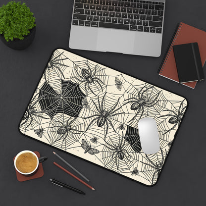 Rectangular spider web mouse pad with vintage spider print and rounded black edge trim