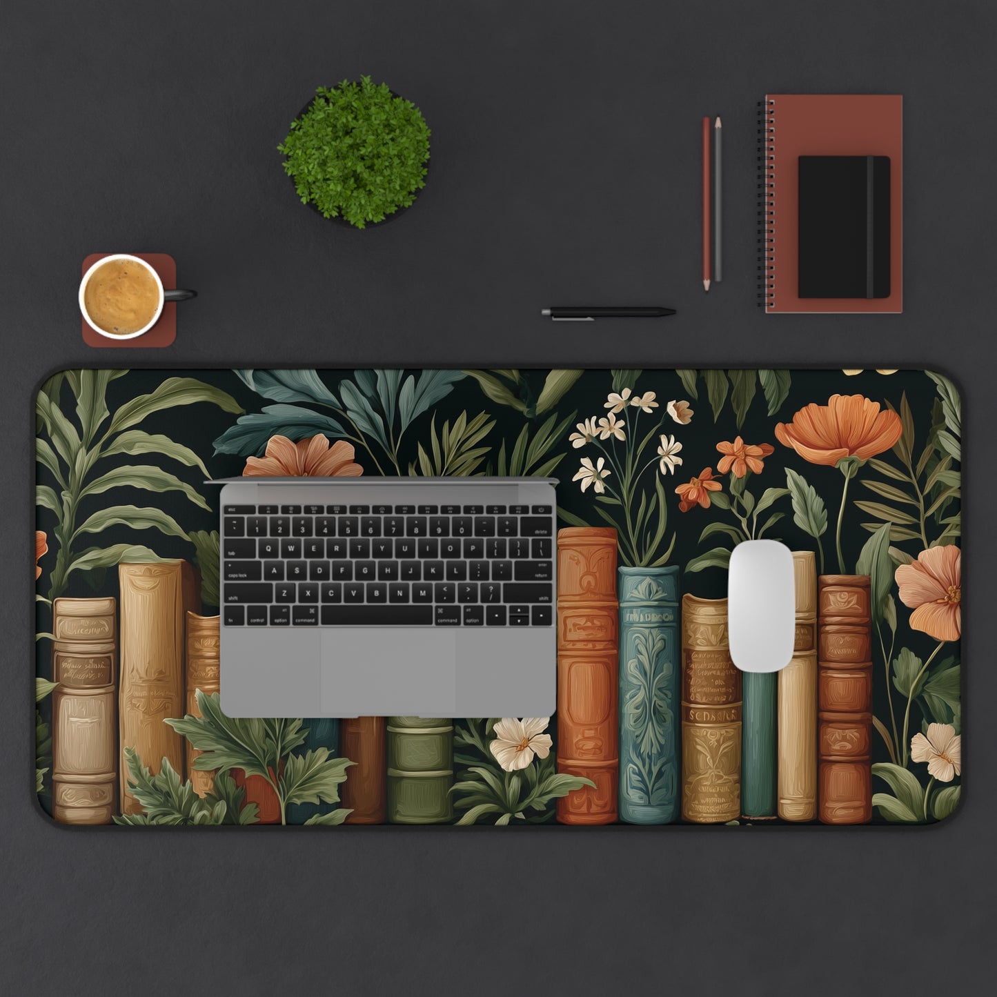 Vintage Library Desk Mat: Books & Wildflowers Botanical Print
