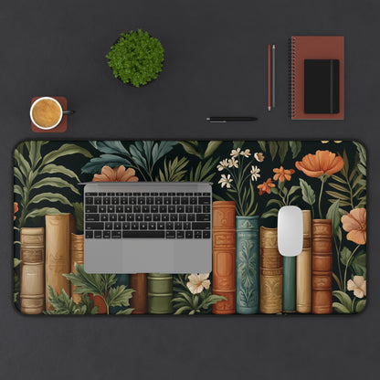 Vintage Library Desk Mat: Books & Wildflowers Botanical Print