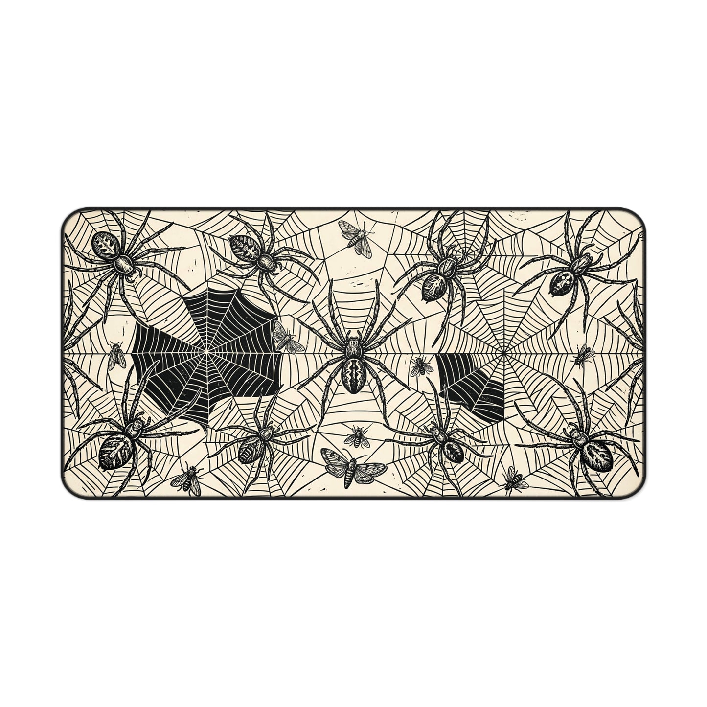 Spider web desk mat with vintage spiders and web pattern, black-and-cream border