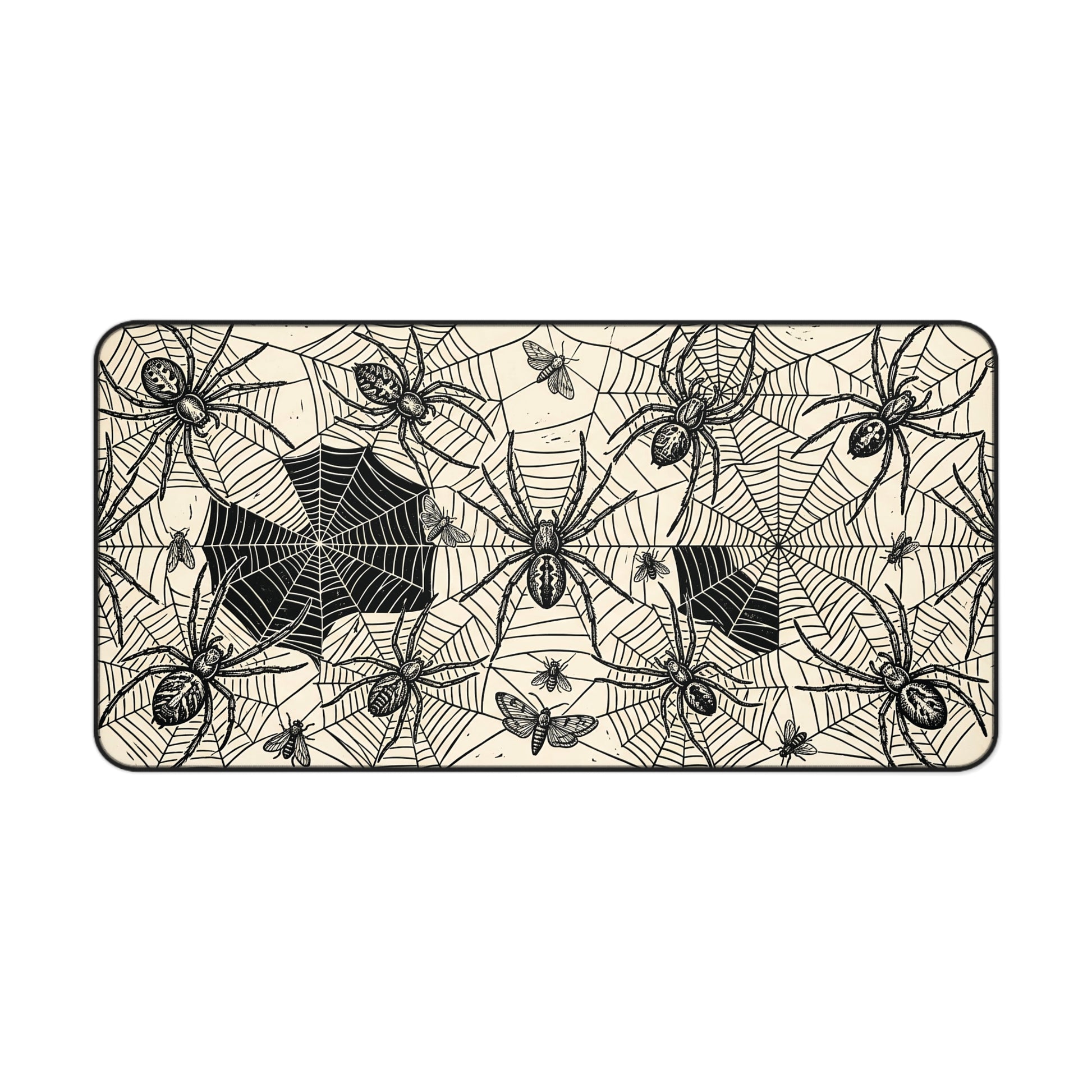 Spider web desk mat with vintage spiders and web pattern, black-and-cream border