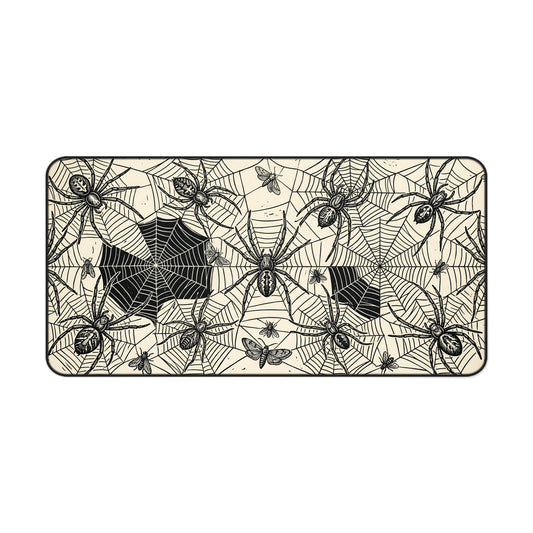 Spider web desk mat with vintage spiders and web pattern, black-and-cream border